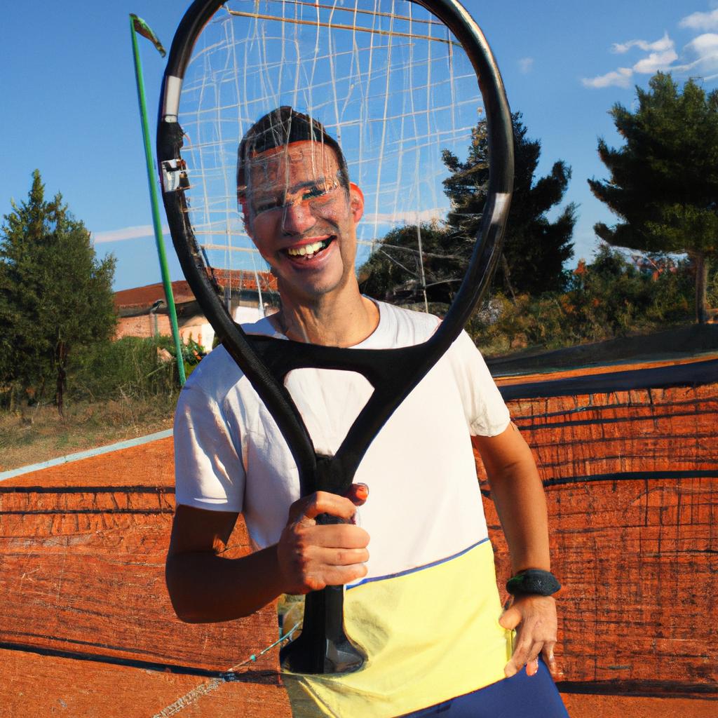 Person holding tennis racket, smiling