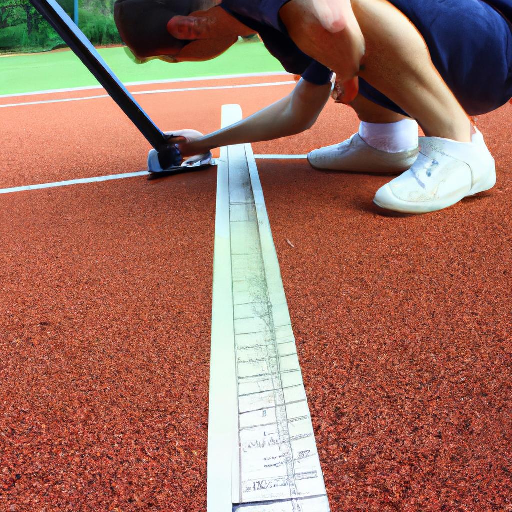Person measuring tennis court dimensions