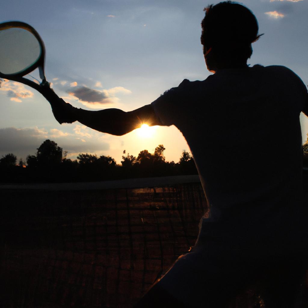Person playing tennis at sunset