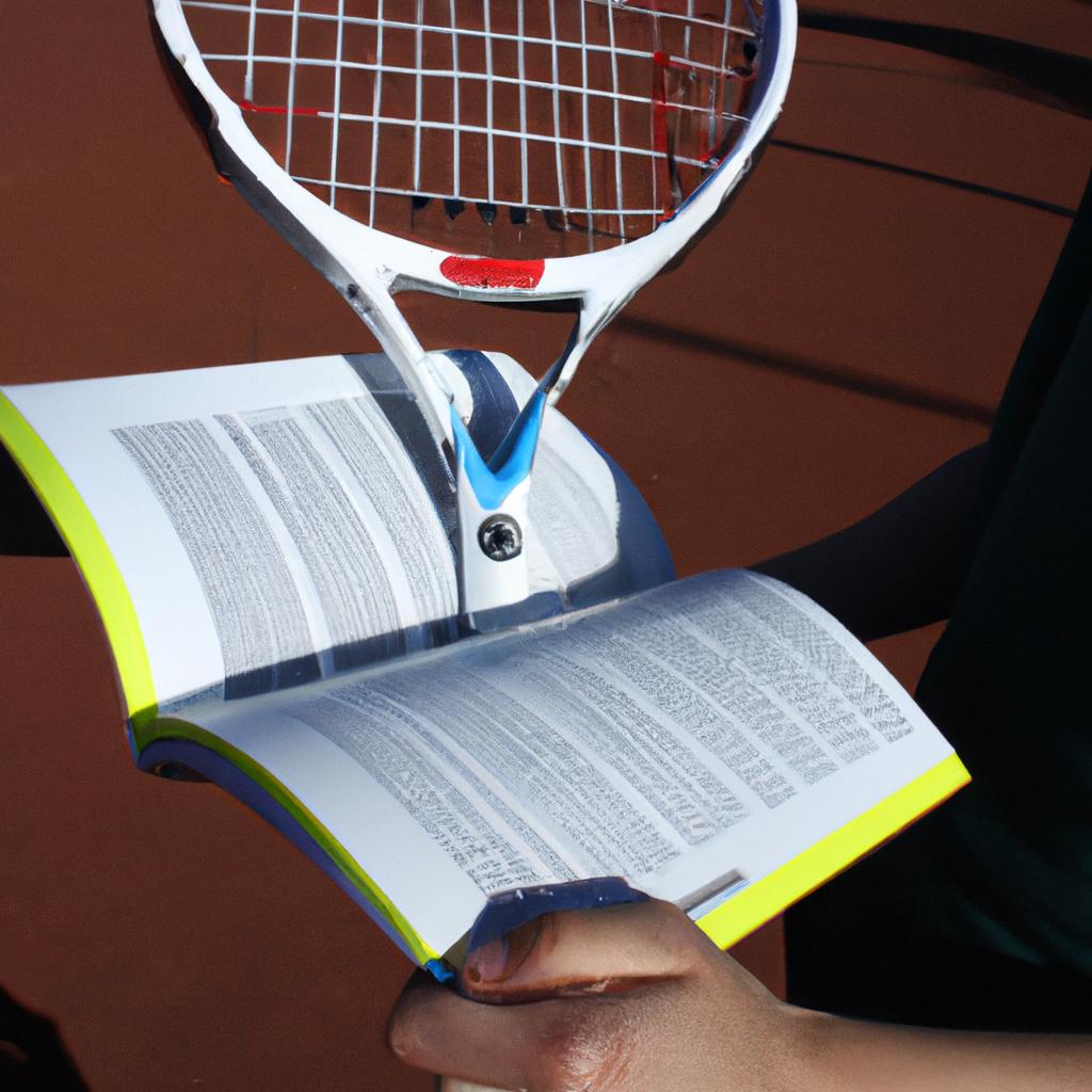 Person holding tennis racket, reading